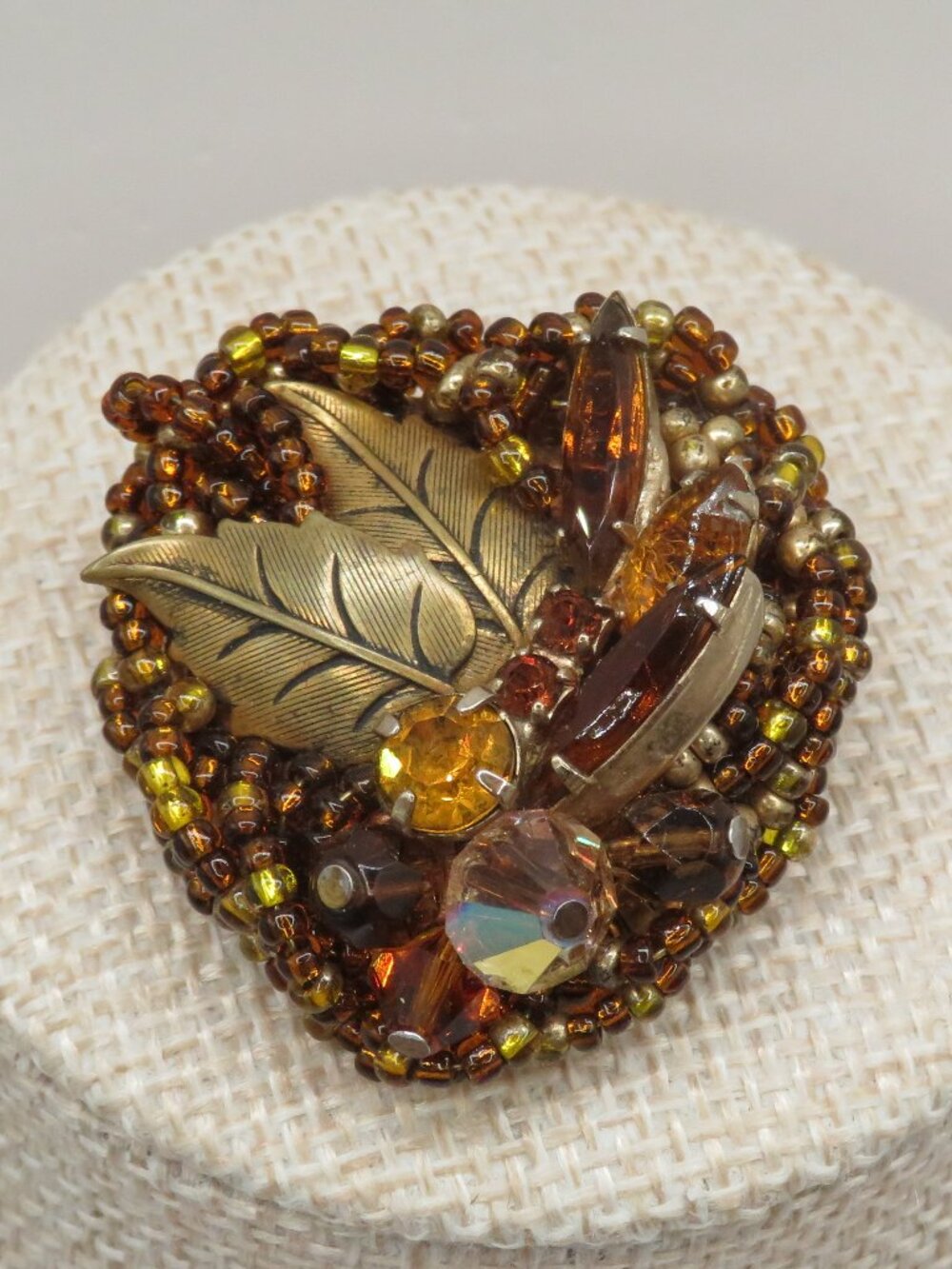 Vintage Heart Amber Rhinestone Beaded Brass Tone Brooch